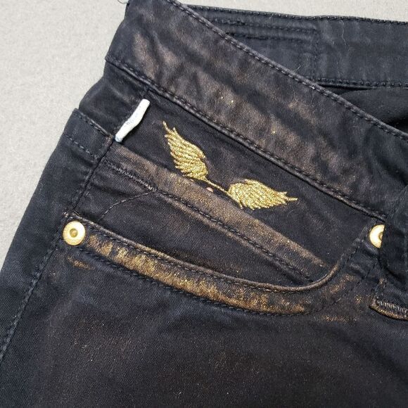 Robin's Jeans Gold And Black Fade Gold Wings Womens Sz 30 Skinny - Picture 6 of 16